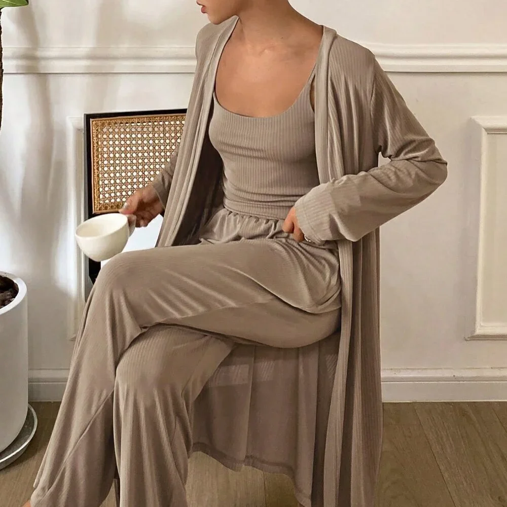 Khaki Casual Women's Camisole Top, Coat and Pants Lounge Wear Set